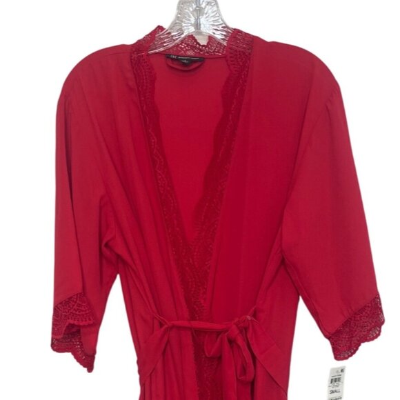 INC Intimates Short Robe Lace Trim Belt Womans Small Red New Sleepwear Silky - Picture 3 of 12
